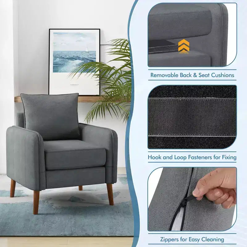 Fauteuil d'appoint moderne rembourré du milieu du siècle avec pieds en bois d'hévéa gris