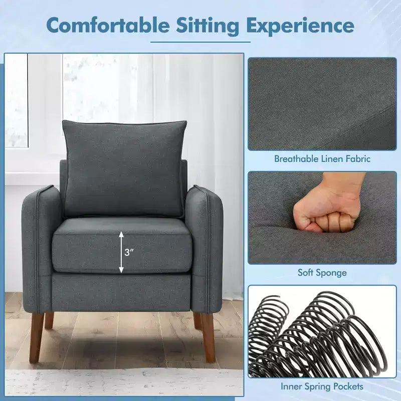 Fauteuil d'appoint moderne rembourré du milieu du siècle avec pieds en bois d'hévéa gris