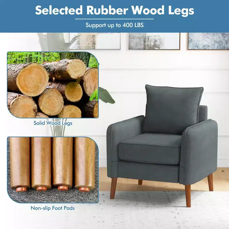 Fauteuil d'appoint moderne rembourré du milieu du siècle avec pieds en bois d'hévéa gris