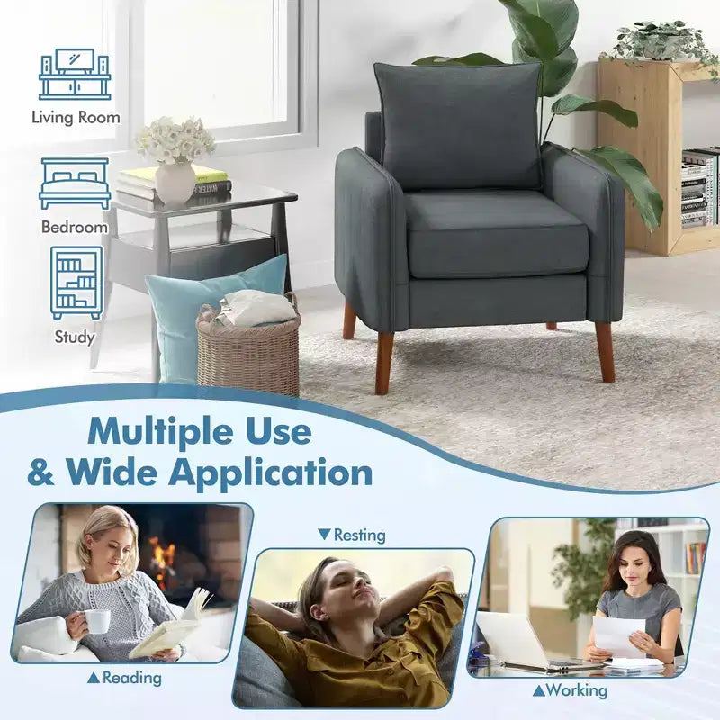 Fauteuil d'appoint moderne rembourré du milieu du siècle avec pieds en bois d'hévéa gris
