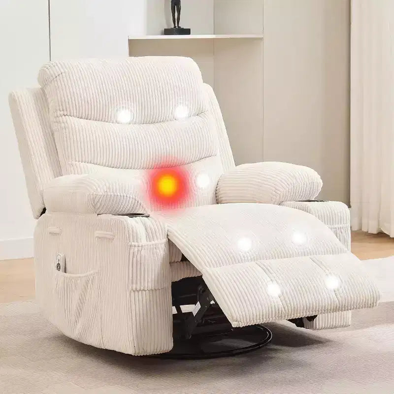 Swivel Rocker Chair Small Rocking Recliner for Small Spaces, Upholstered Fabric Glider Chair with Side Pockets Cup Holder, Massage and Heat Recliner