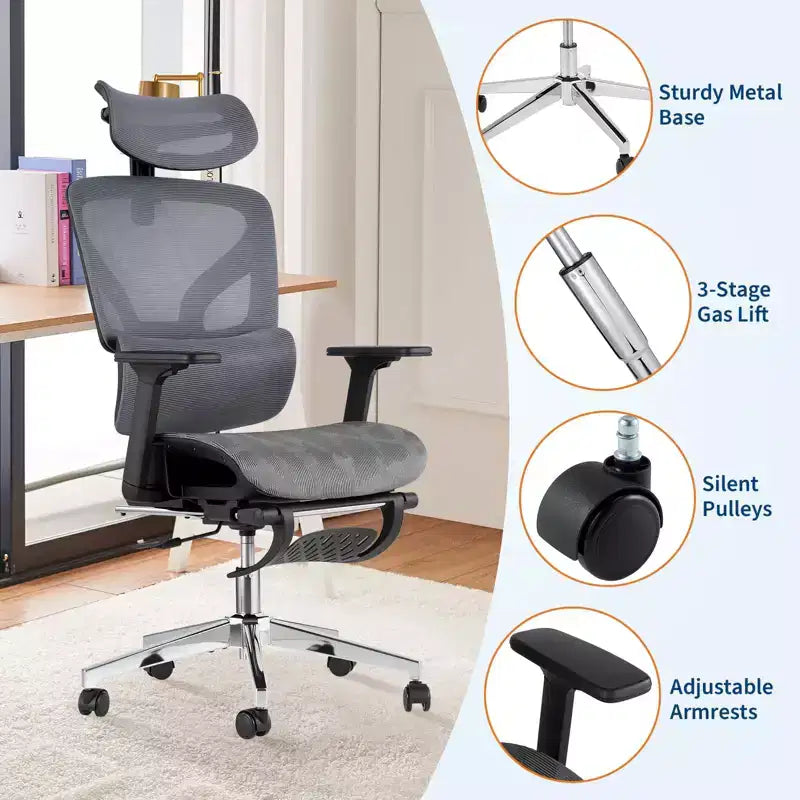 Chaise de bureau ergonomique en maille avec accoudoirs 4D et support lombaire