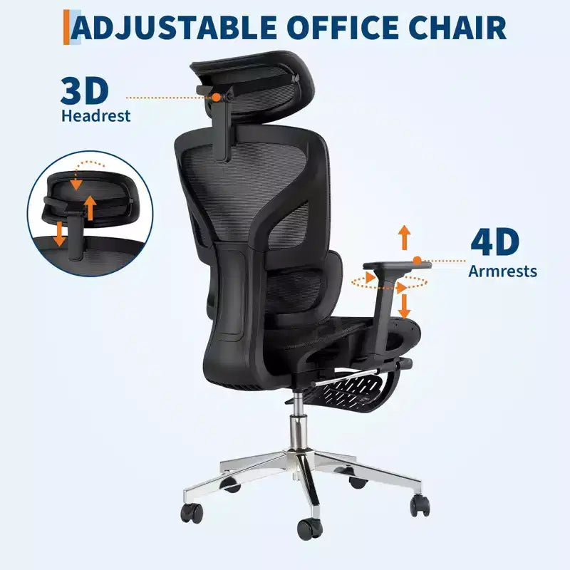 Chaise de bureau ergonomique en maille avec accoudoirs 4D et support lombaire