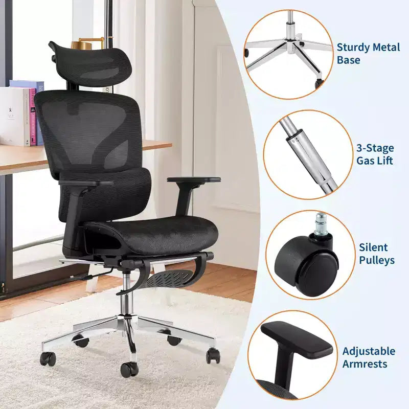 Chaise de bureau ergonomique en maille avec accoudoirs 4D et support lombaire