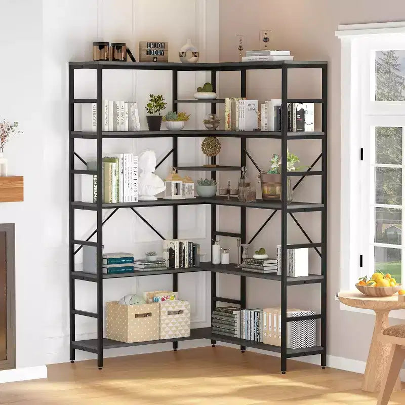 5 Tier Industrial Corner Bookshelf, L-Shape Tall Bookcase with Heavy Duty Metal Frame, Multi-Purpose Storage for Bedroom Living Room Home Office