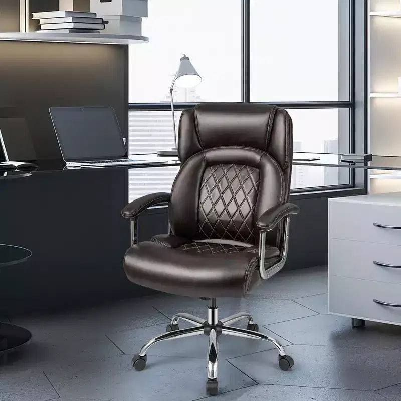 Fauteuil de bureau à haut dossier grand format, en cuir réglable marron