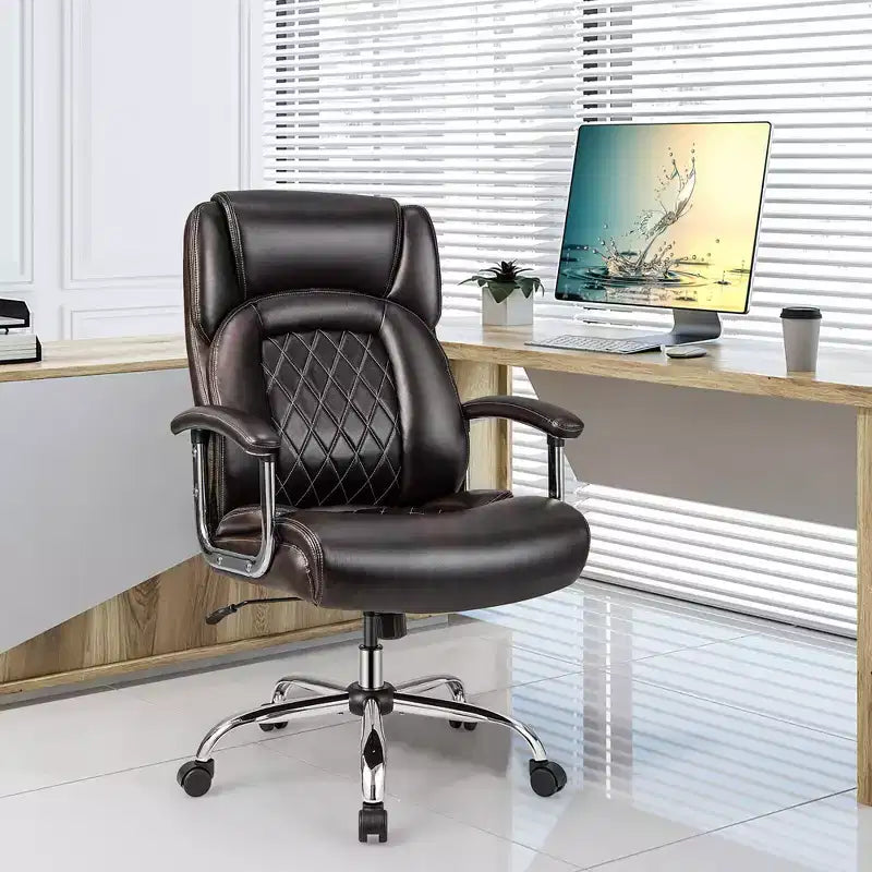 Fauteuil de bureau à haut dossier grand format, en cuir réglable marron