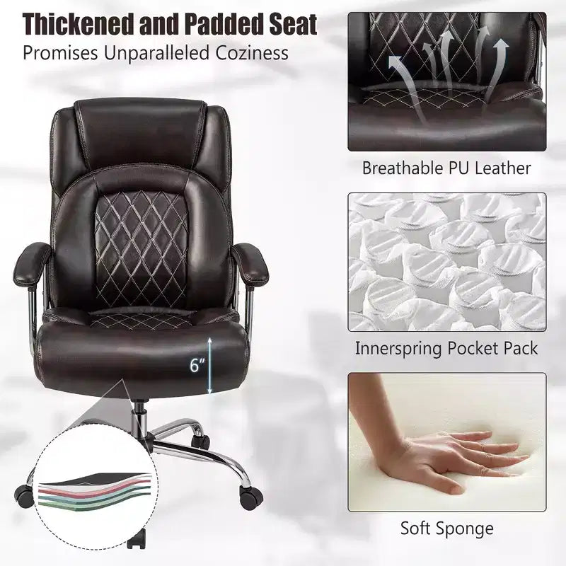 Fauteuil de bureau à haut dossier grand format, en cuir réglable marron