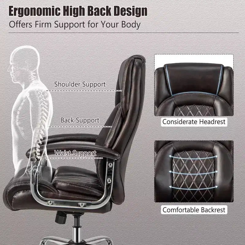 Fauteuil de bureau à haut dossier grand format, en cuir réglable marron