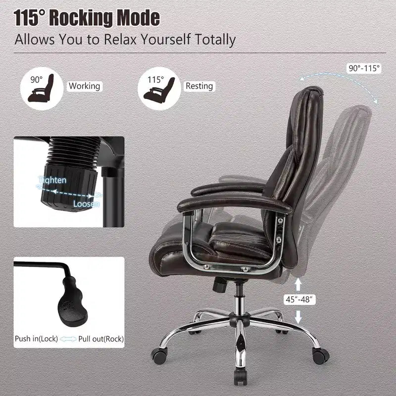 Fauteuil de bureau à haut dossier grand format, en cuir réglable marron