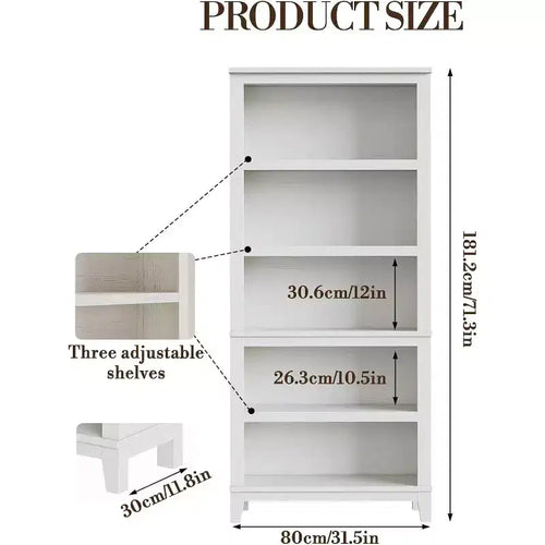 Étagère haute de 180 cm, bibliothèque en bois à 5 niveaux avec 3 étagères réglables