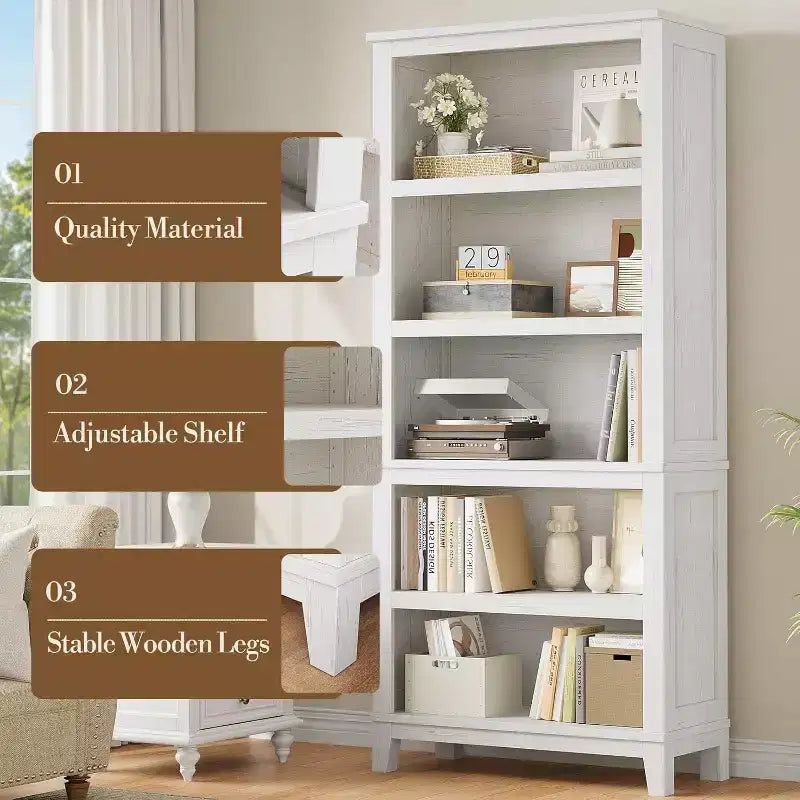 Étagère haute de 180 cm, bibliothèque en bois à 5 niveaux avec 3 étagères réglables