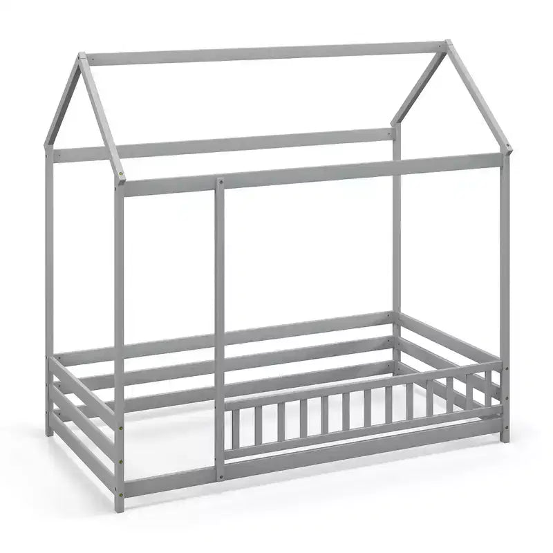 Costway Twin Size House Bed w/ Roof & Full-length Safety Guardrail Playhouse Bed Frame