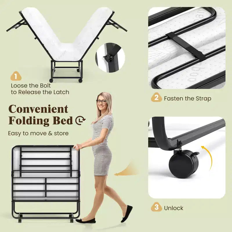 Lit pliant avec matelas sommier à lattes métalliques et mousse à mémoire de forme en gel