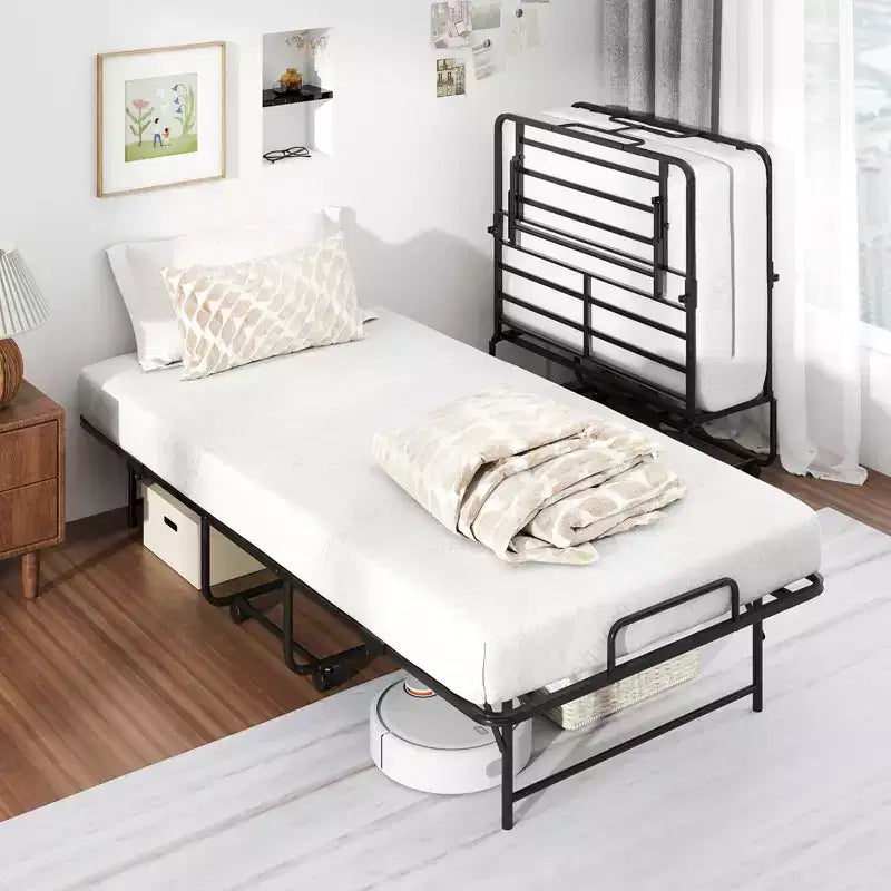 Lit pliant avec matelas sommier à lattes métalliques et mousse à mémoire de forme en gel