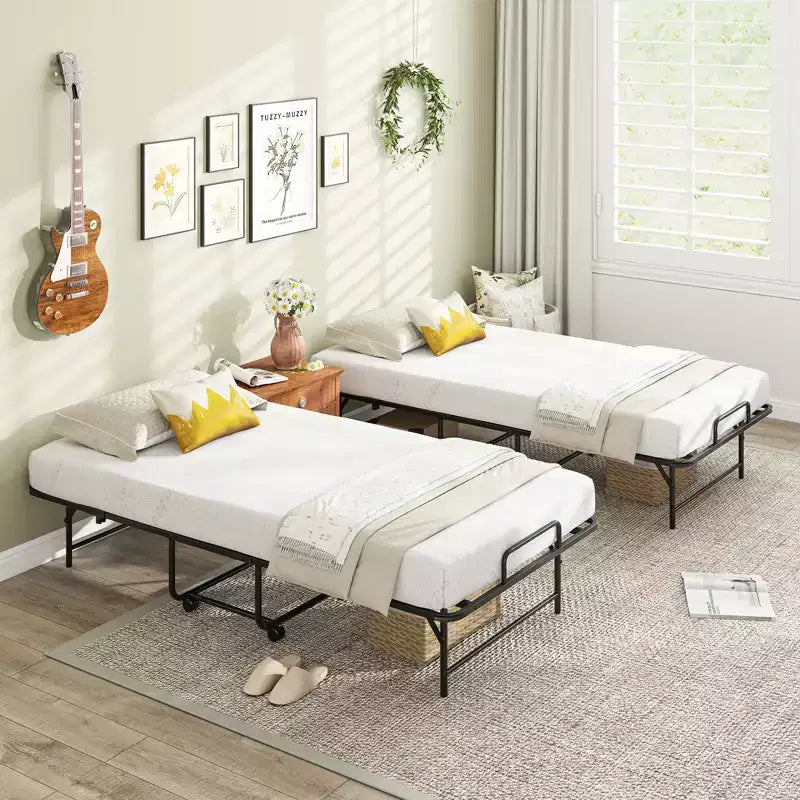Lit pliant avec matelas sommier à lattes métalliques et mousse à mémoire de forme en gel