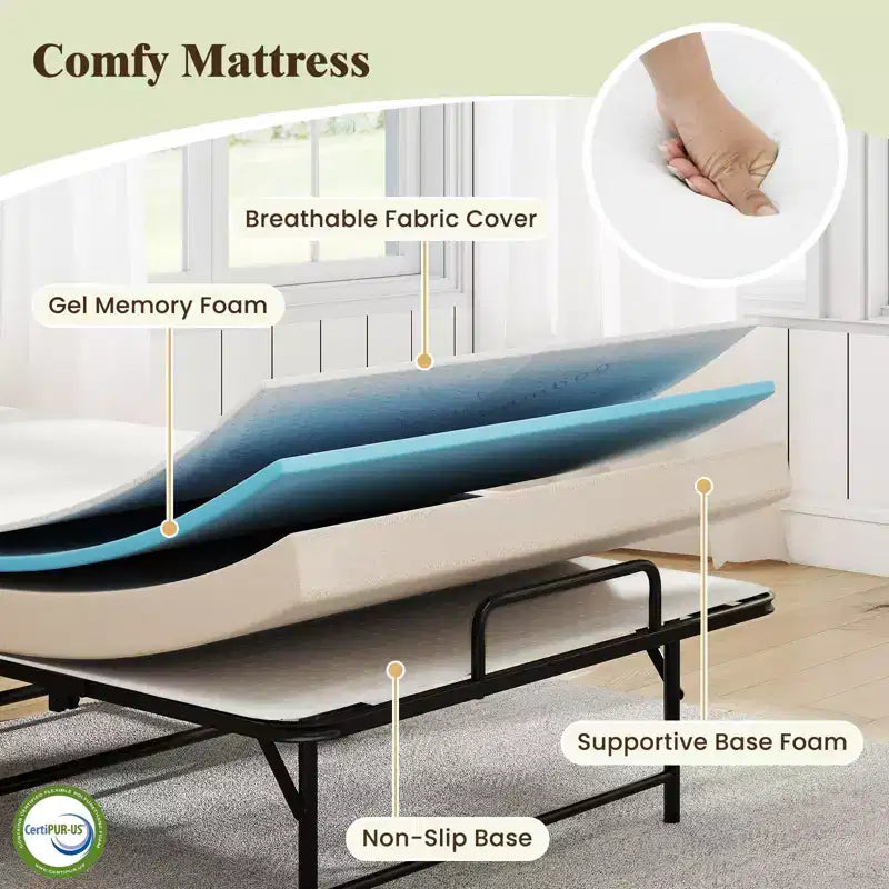 Lit pliant avec matelas sommier à lattes métalliques et mousse à mémoire de forme en gel