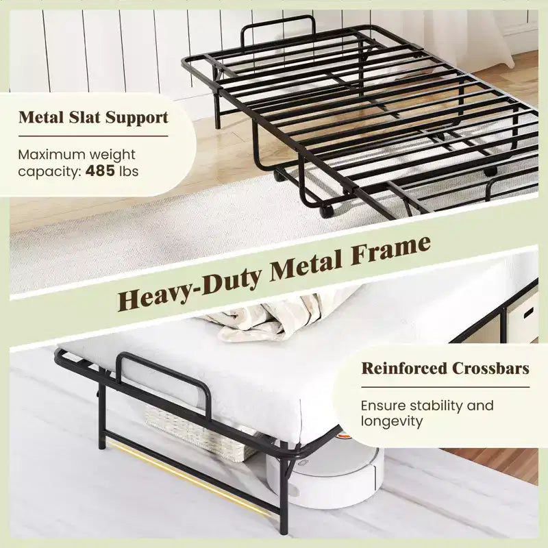 Lit pliant avec matelas sommier à lattes métalliques et mousse à mémoire de forme en gel