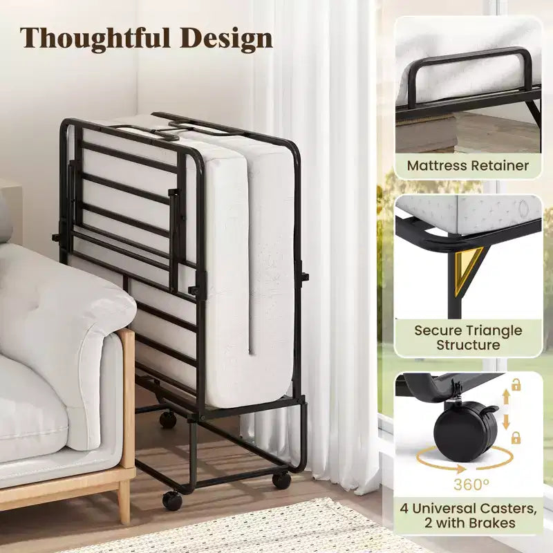 Lit pliant avec matelas sommier à lattes métalliques et mousse à mémoire de forme en gel