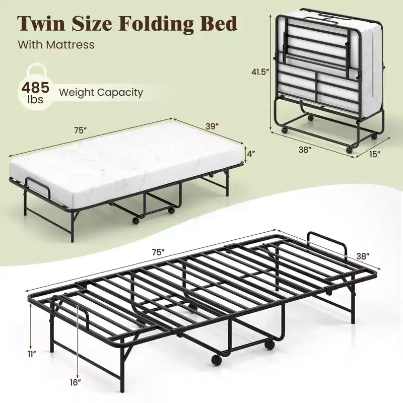 Lit pliant avec matelas sommier à lattes métalliques et mousse à mémoire de forme en gel