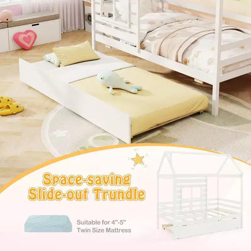 Lit cabane simple avec lit gigogne, en bois, avec toit, cheminée et fenêtre