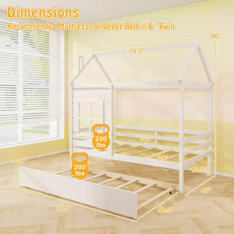 Lit cabane simple avec lit gigogne, en bois, avec toit, cheminée et fenêtre