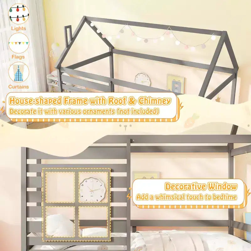 Lit cabane simple avec lit gigogne, en bois, avec toit, cheminée et fenêtre