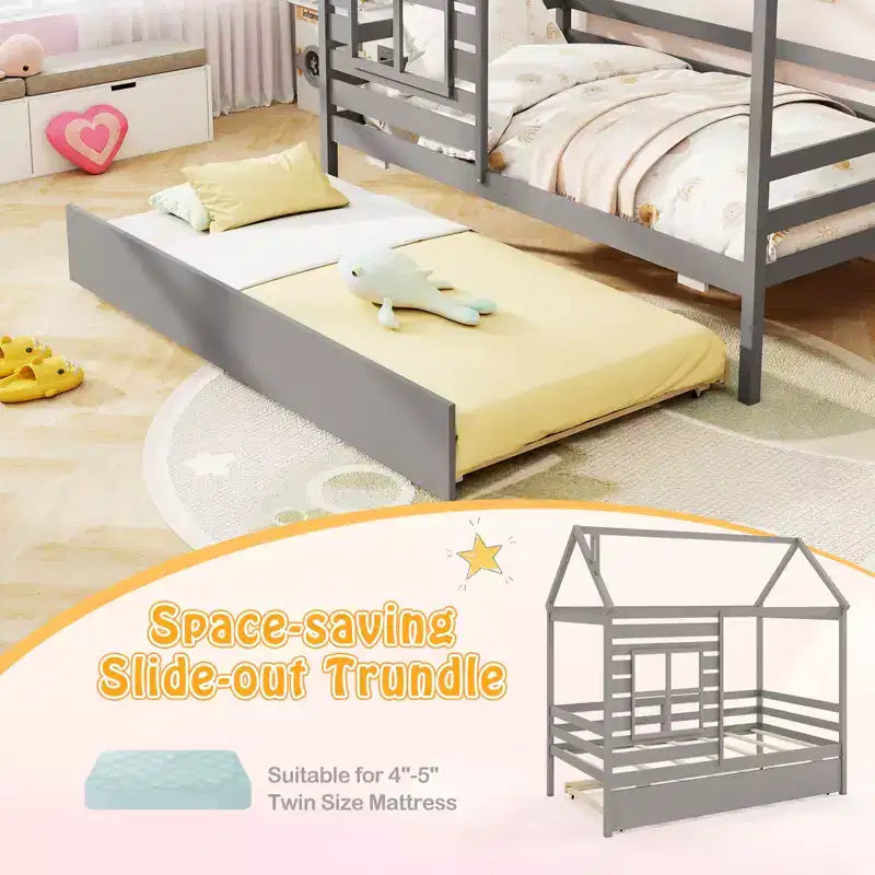 Lit cabane simple avec lit gigogne, en bois, avec toit, cheminée et fenêtre