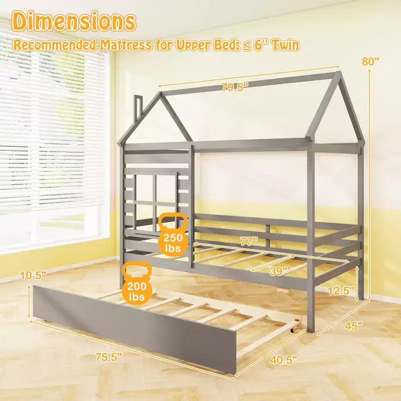 Lit cabane simple avec lit gigogne, en bois, avec toit, cheminée et fenêtre