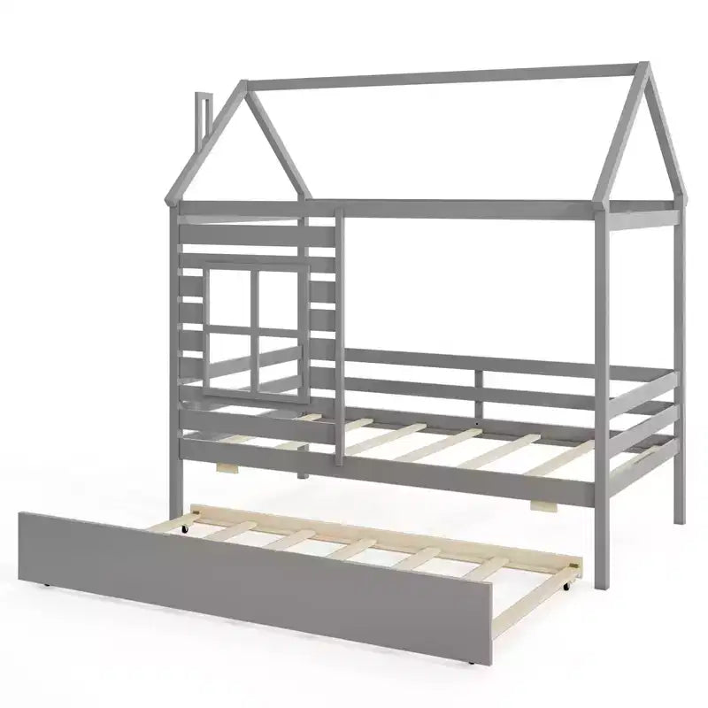 Costway Twin Size House Bed with Trundle Wooden Platform Bed w/ Roof Chimney & Window