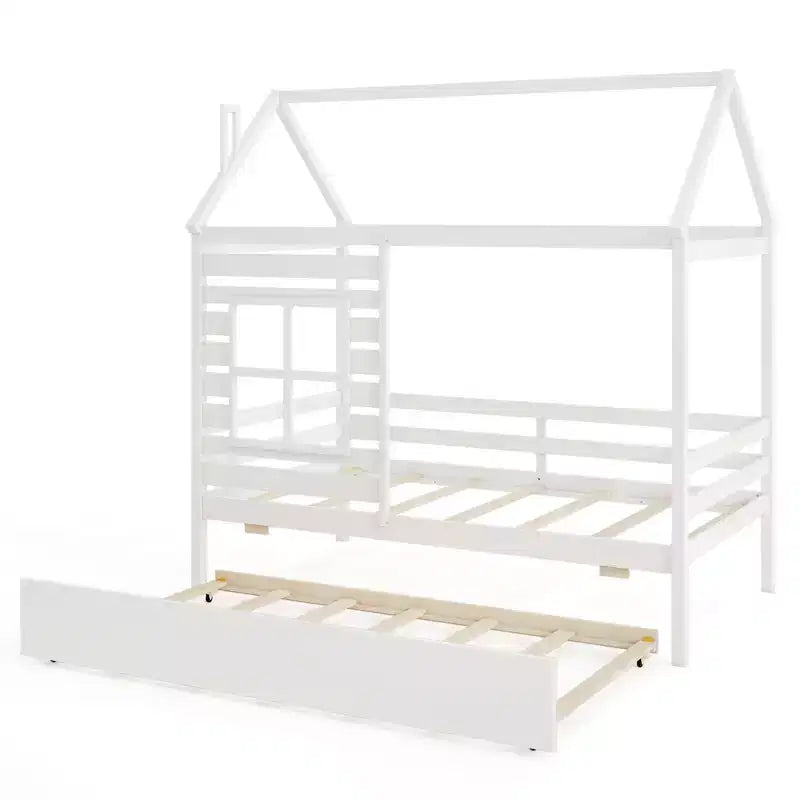 Lit cabane simple avec lit gigogne, en bois, avec toit, cheminée et fenêtre