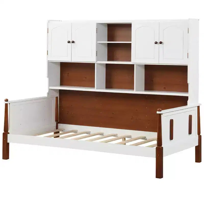 Costway Twin Daybed w/ Bookcase Wooden Platform Bed w/ Shelves & Cabinets White & Brown