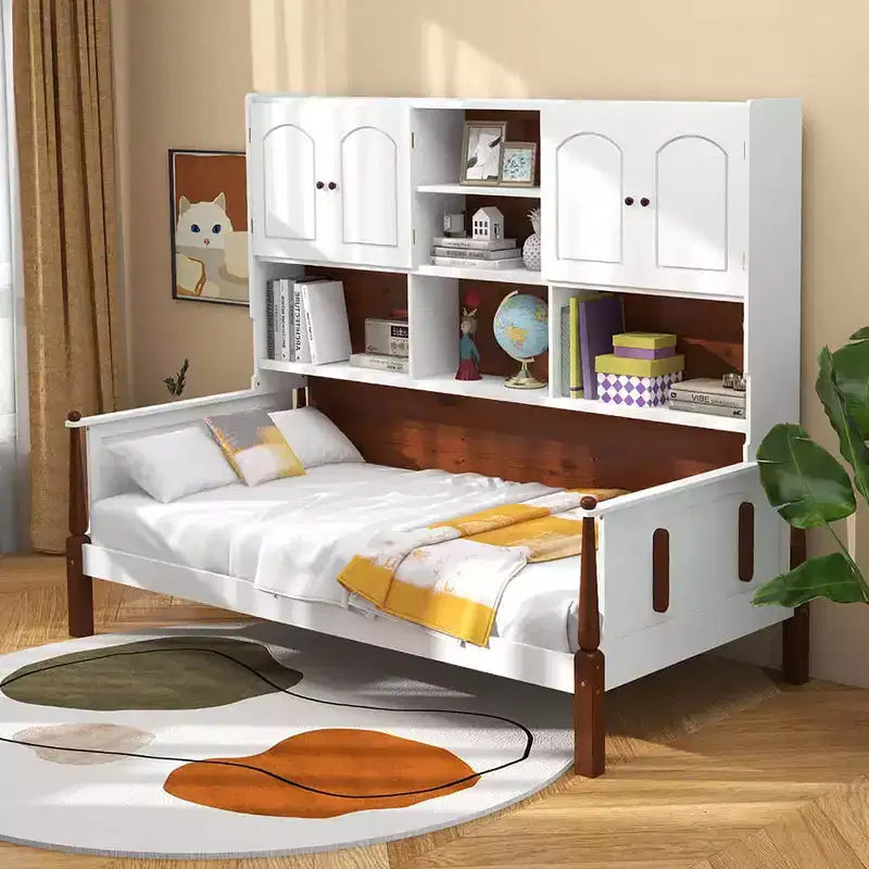 Lit de repos jumeau avec bibliothèque Lit plate-forme en bois avec étagères et armoires