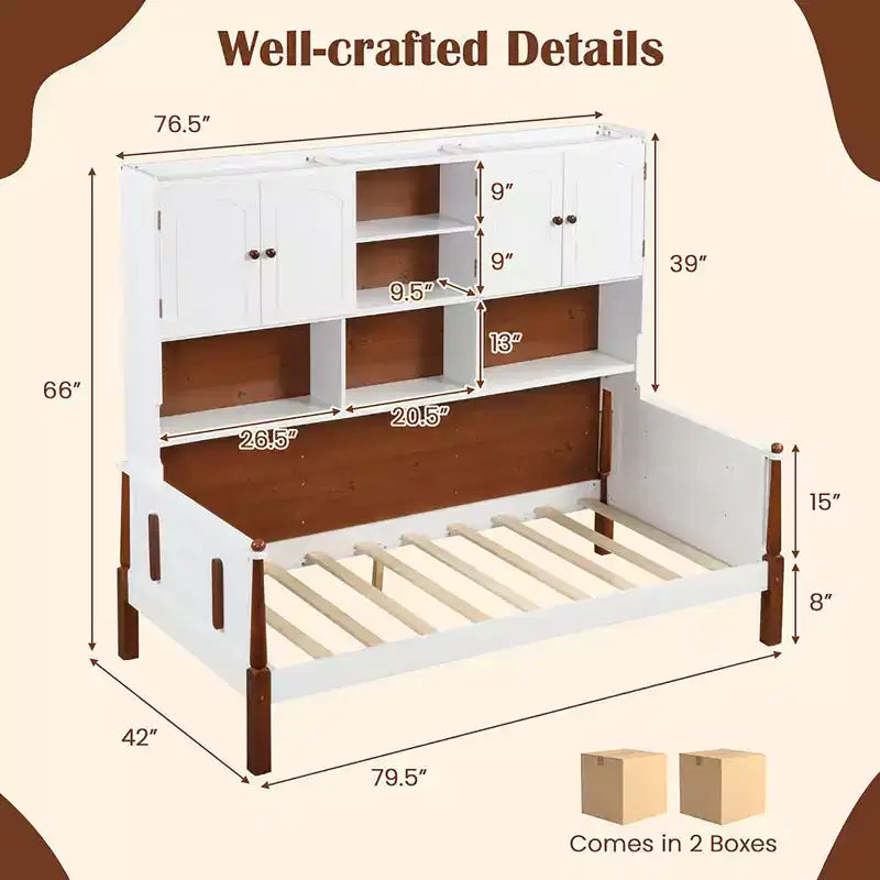 Lit de repos jumeau avec bibliothèque Lit plate-forme en bois avec étagères et armoires