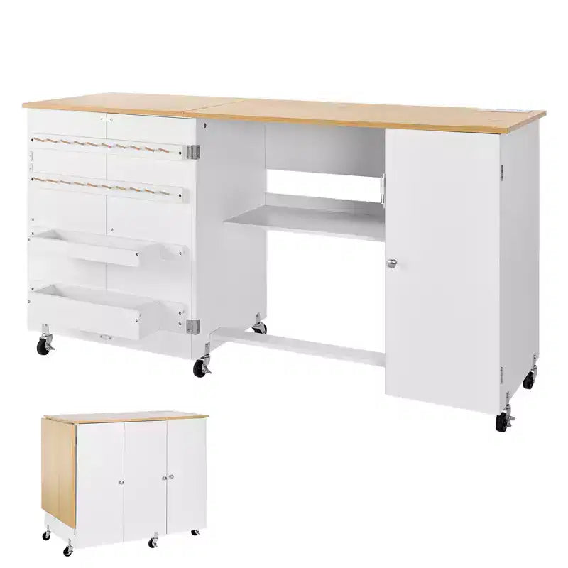VEVOR Folding Sewing Table, Multipurpose Sewing Machine Table with Cabinet, Charging Station, Compact Design, Wheels, Wooden Pegs, White