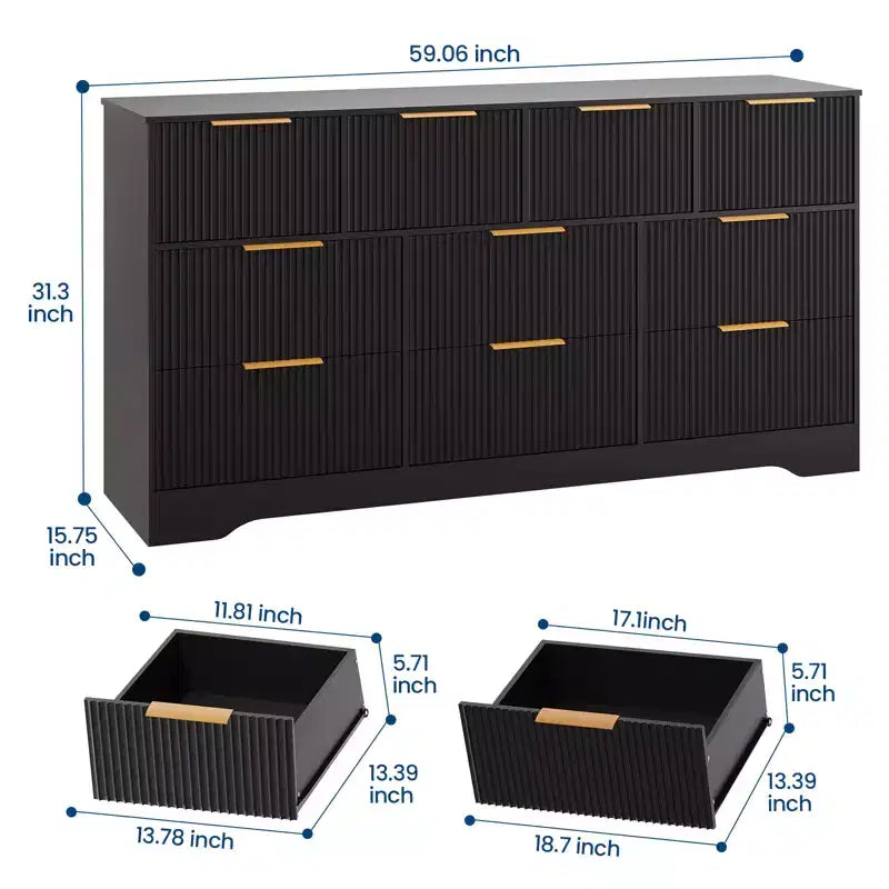 Commode 10 tiroirs cannelée 59", meuble TV moderne en bois