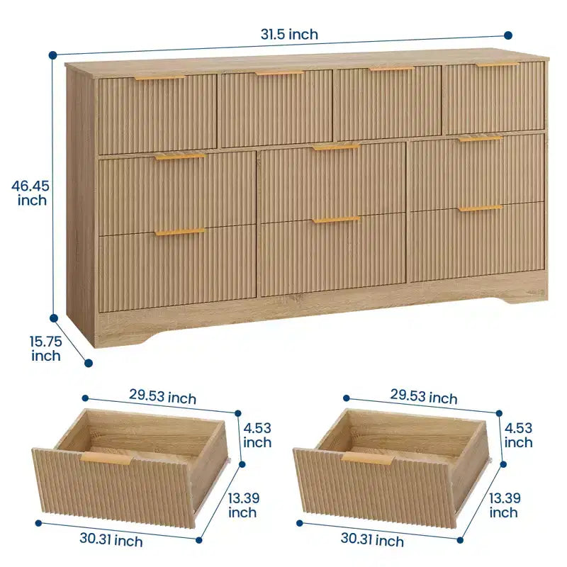Commode 10 tiroirs cannelée 59", meuble TV moderne en bois