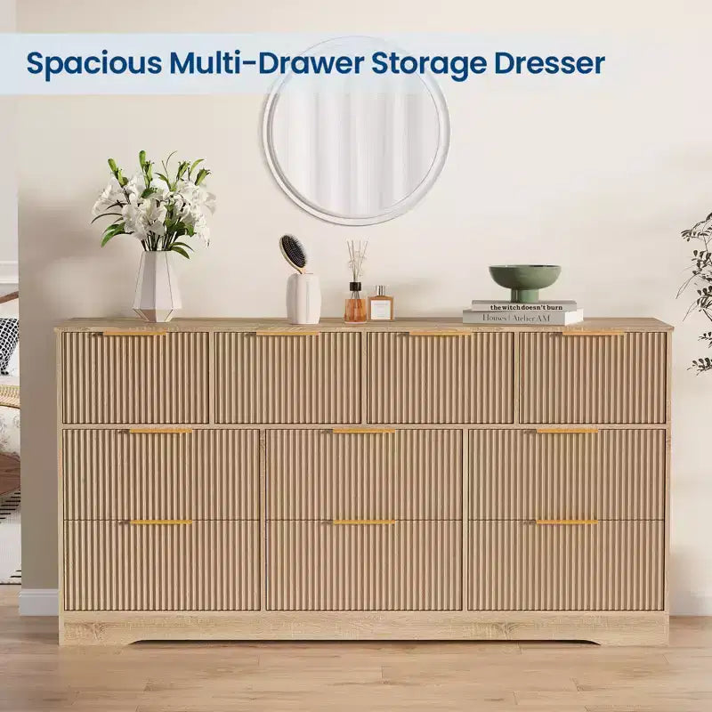 Commode 10 tiroirs cannelée 59", meuble TV moderne en bois