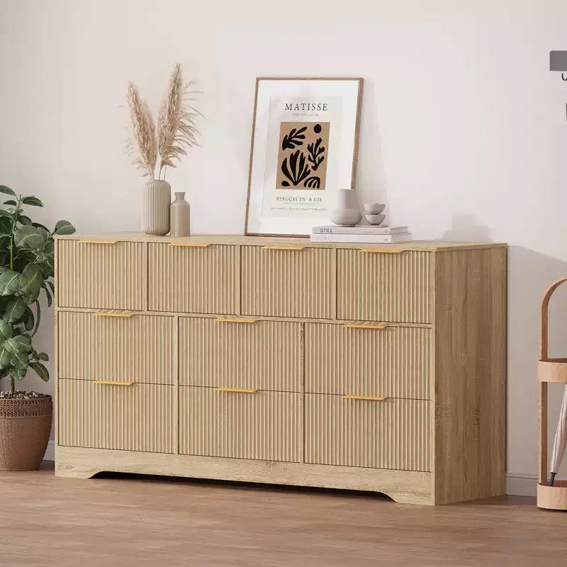 Commode 10 tiroirs cannelée 59", meuble TV moderne en bois