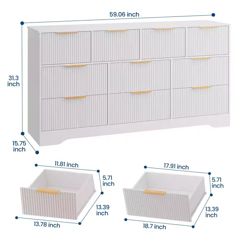 Commode 10 tiroirs cannelée 59", meuble TV moderne en bois