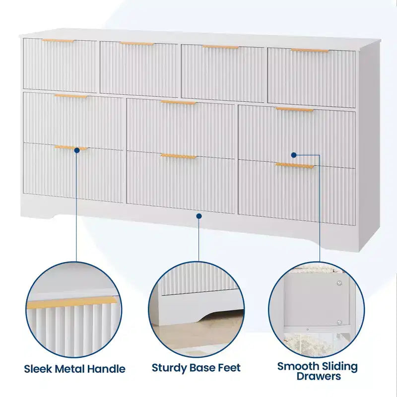 Commode 10 tiroirs cannelée 59", meuble TV moderne en bois