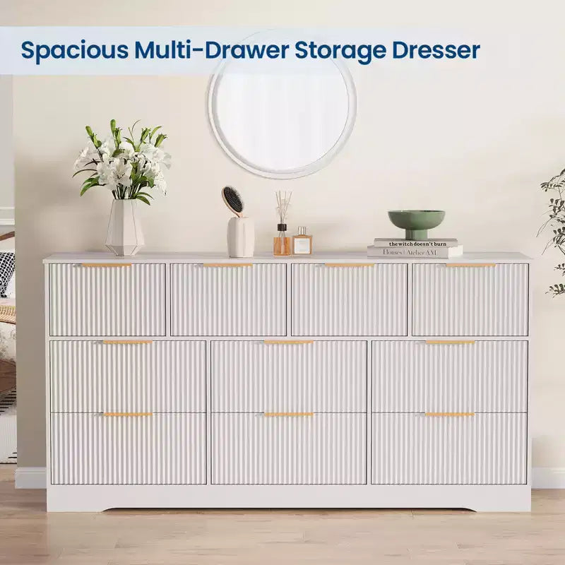 Commode 10 tiroirs cannelée 59", meuble TV moderne en bois