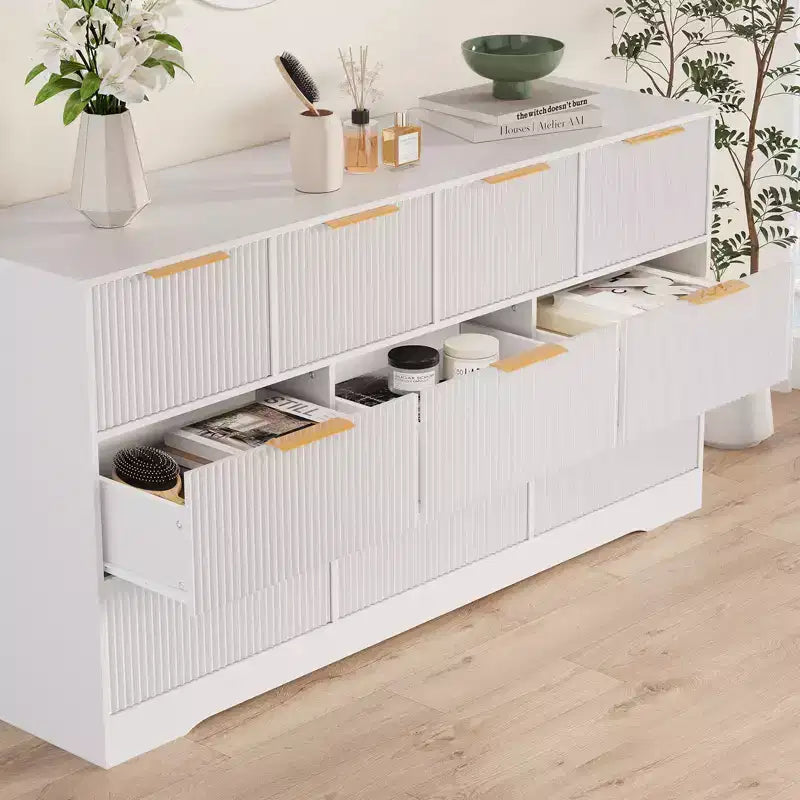Commode 10 tiroirs cannelée 59", meuble TV moderne en bois