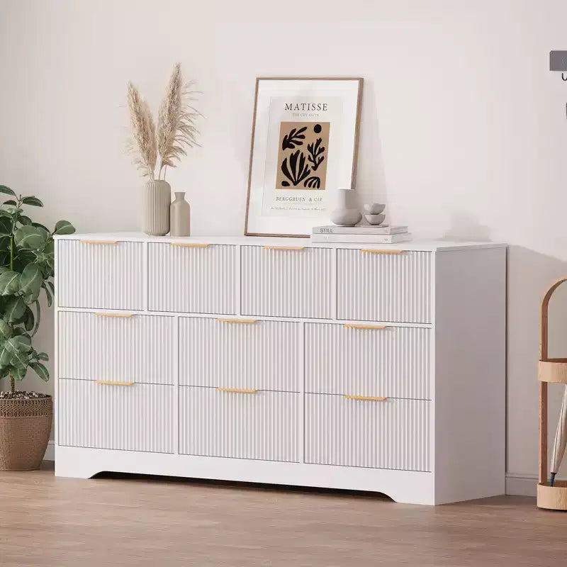 Commode 10 tiroirs cannelée 59", meuble TV moderne en bois