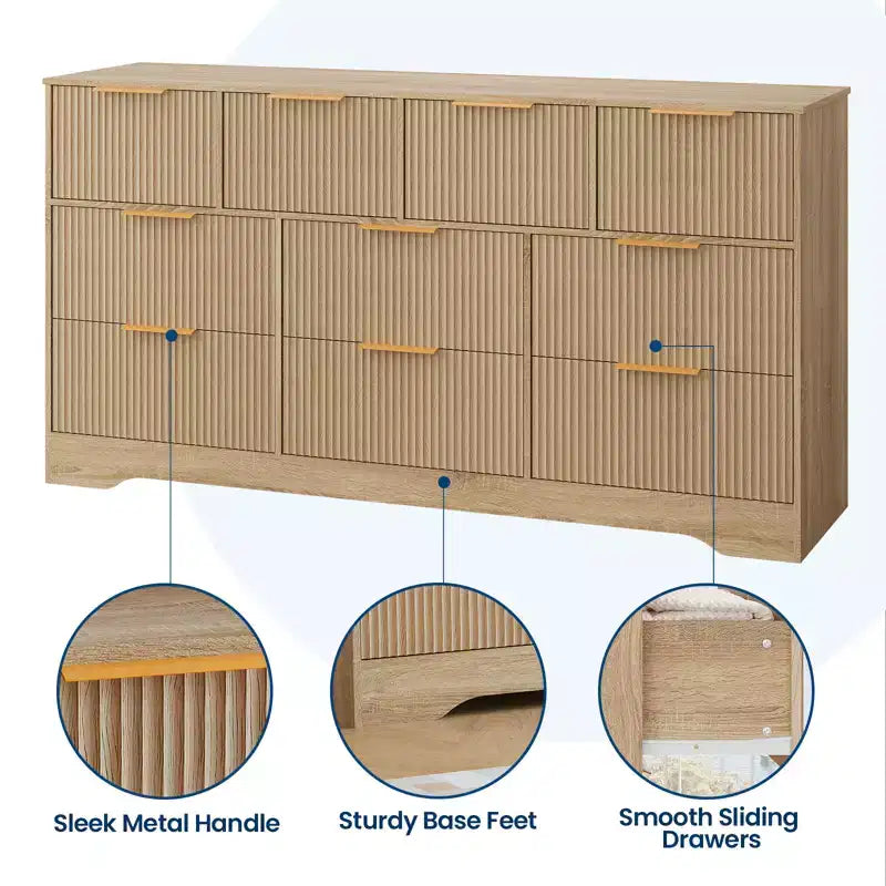 Commode 10 tiroirs cannelée 59", meuble TV moderne en bois