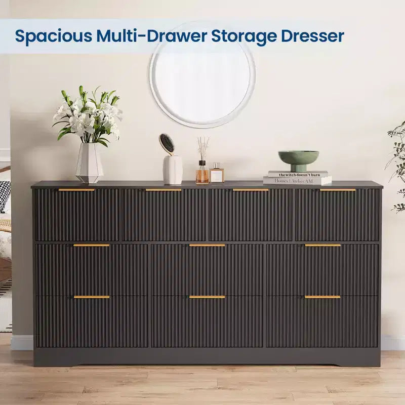 Commode 10 tiroirs cannelée 59", meuble TV moderne en bois