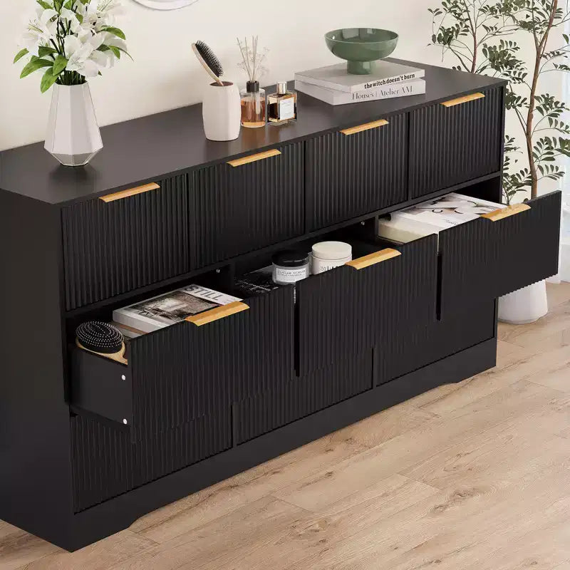 Commode 10 tiroirs cannelée 59", meuble TV moderne en bois