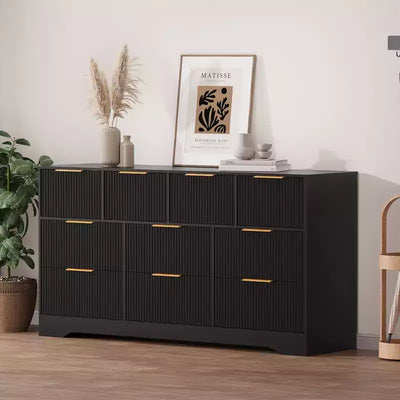 Commode 10 tiroirs cannelée 59", meuble TV moderne en bois