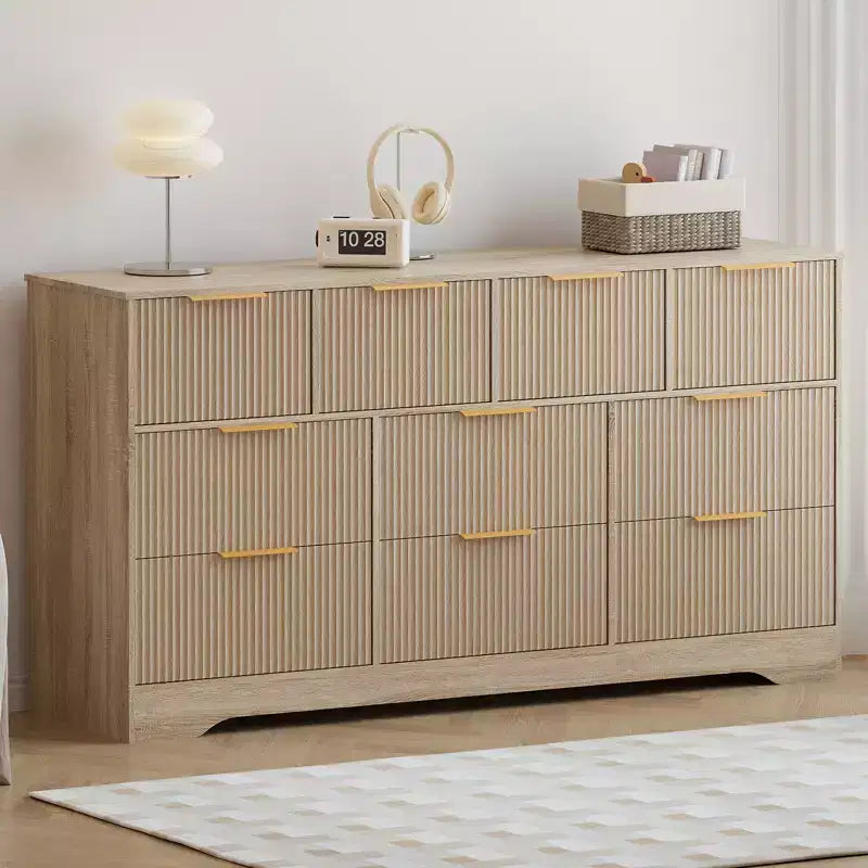 Commode 10 tiroirs cannelée 59", meuble TV moderne en bois