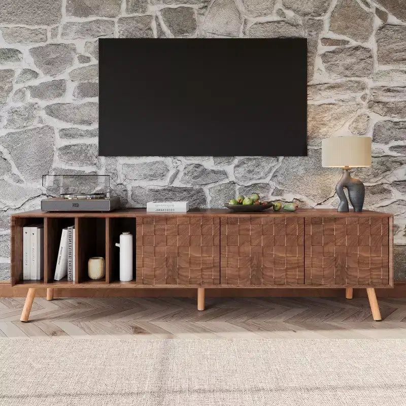 Vintage TV Stand with Doors for 80 inch TV, Wood TV Storage Cabinet Table with Solid Wood Legs for Living Room, Walnut